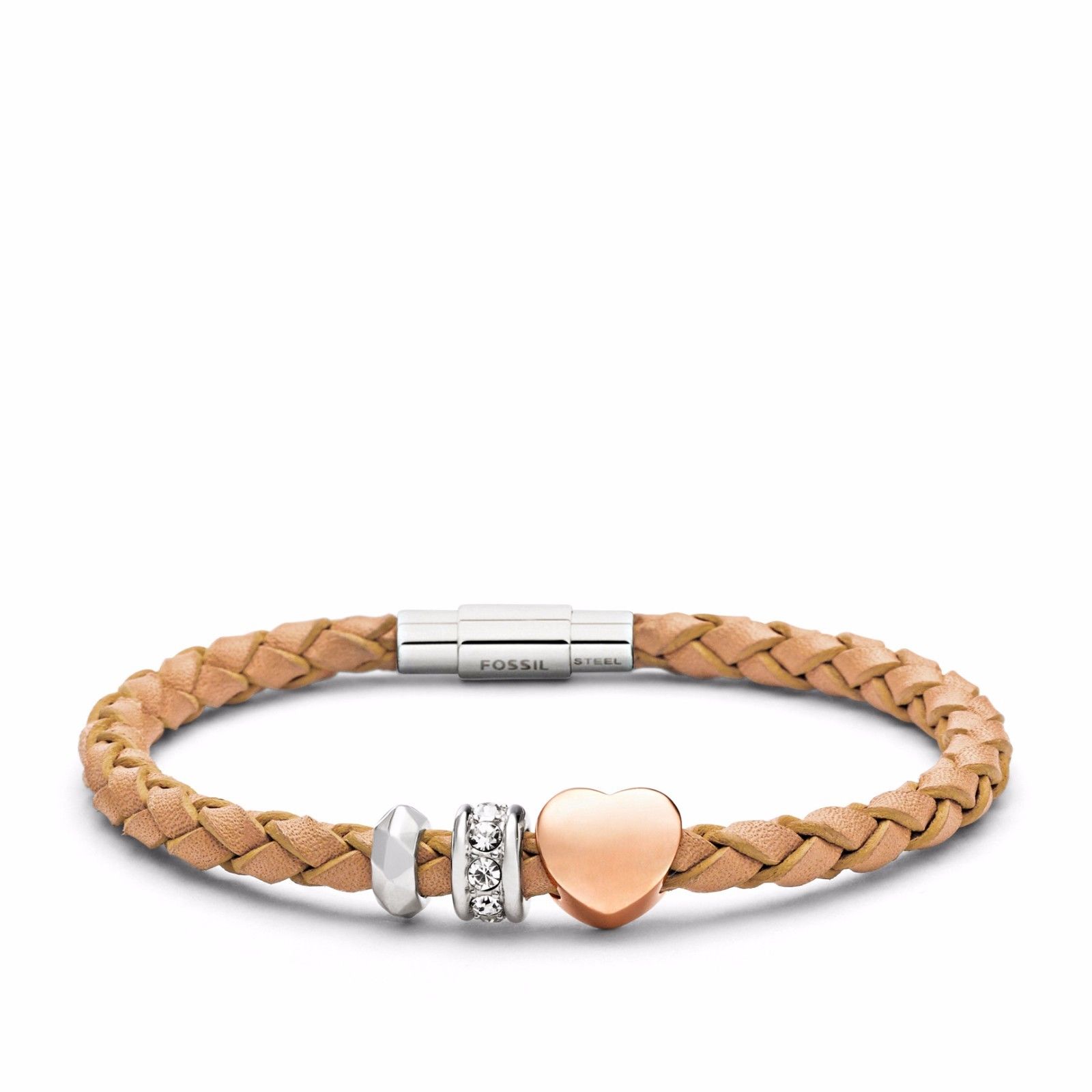 

NEW-FOSSIL BRAIDED NEUTRAL LEATHER CRYSTAL HEART CHARM BRACELET JF01567998