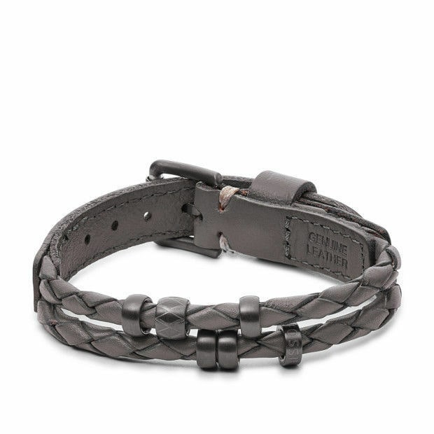 

NEW FOSSIL GUNMETAL TONE GRAY BRAIDED LEATHER BUCKLE BRACELET CUFF JF02476793