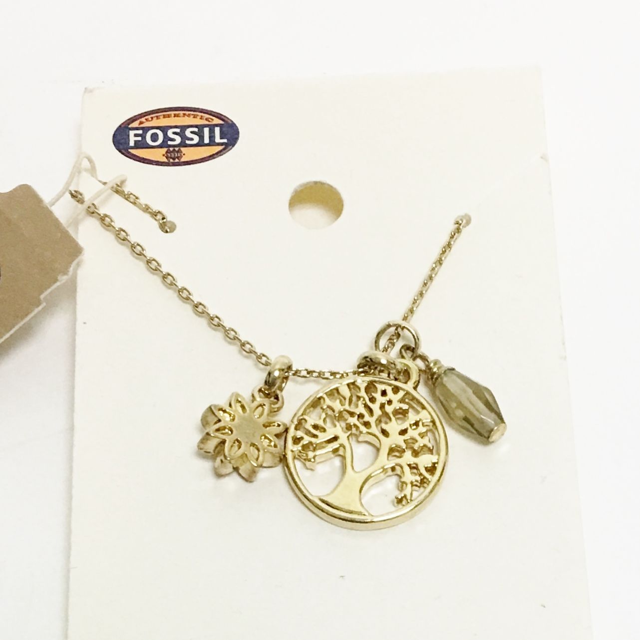 

NEW FOSSIL GOLD TONE TREE OF LIFE COIN FLOWER CRYSTAL CHAIN NECKLACE-JA5721715