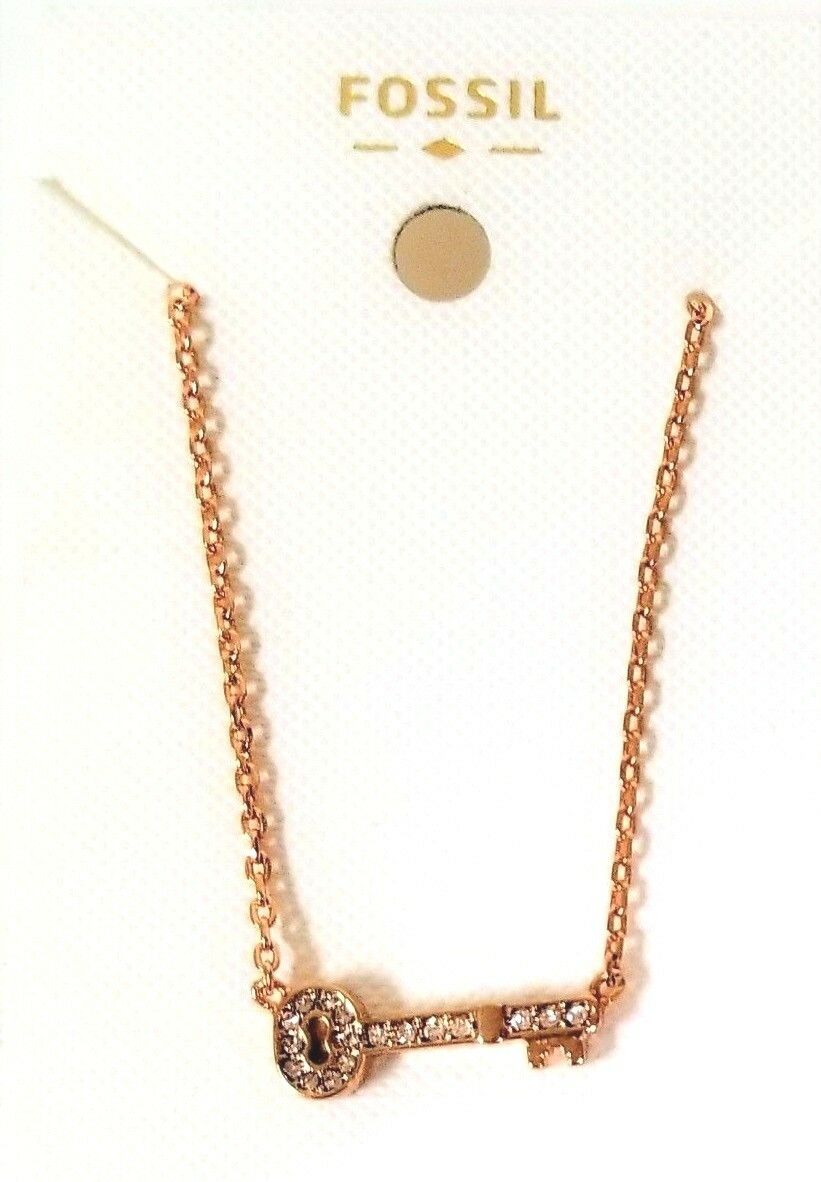 

NEW-FOSSIL ROSE GOLD TONE KEY CRYSTAL PAVE CHARMS CHAIN NECKLACE-JOA00325791