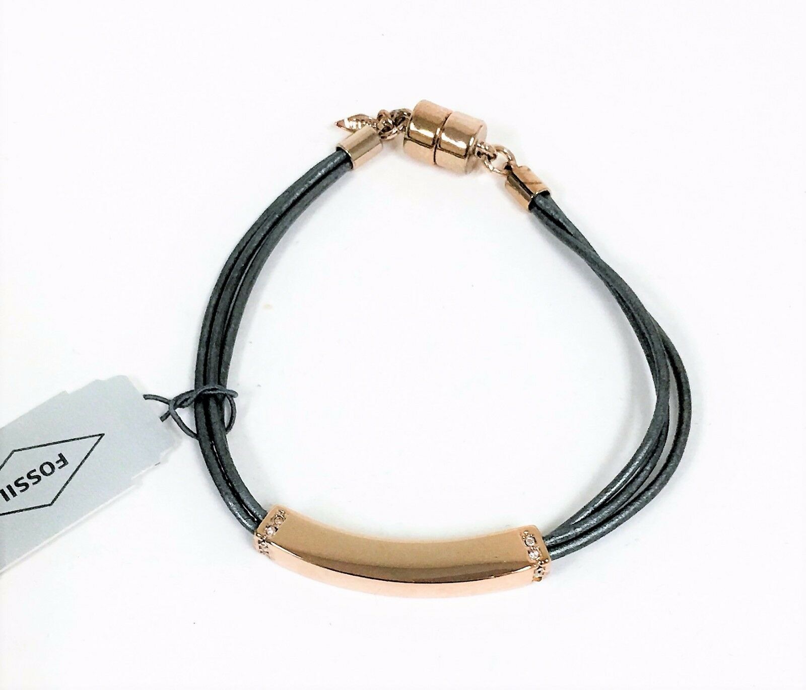 

NEW FOSSIL ROSE GOLD PLAQUE MULTI GRAY LEATHER CORDS CRYSTAL ACCENT BRACELET