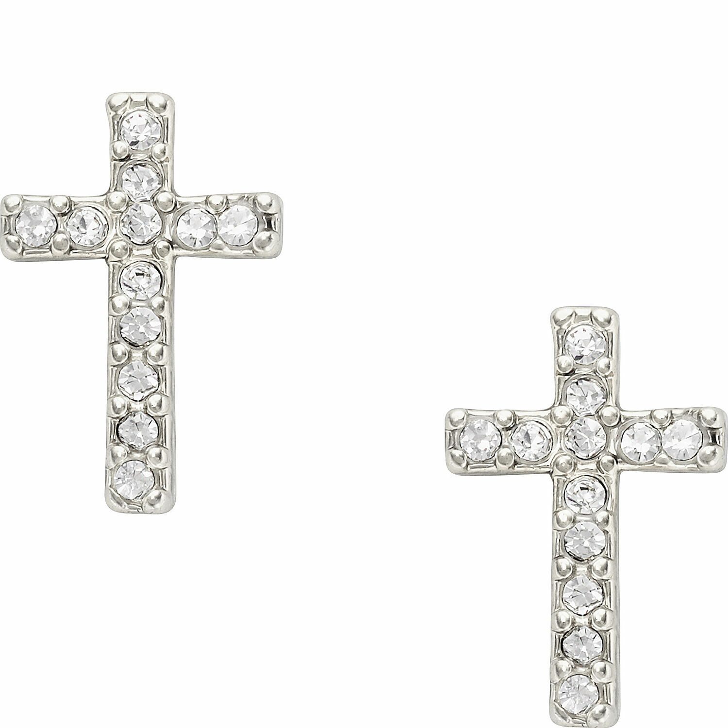 

NEW-FOSSIL SILVER TONE CROSS PAVE CRYSTAL STUDS EARRINGS JF01350040