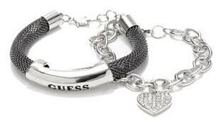 

NEW GUESS 2 PC SET SILVER HEMATITE TONE MESH CHAIN CRYSTAL HEART CHARM BRACELET