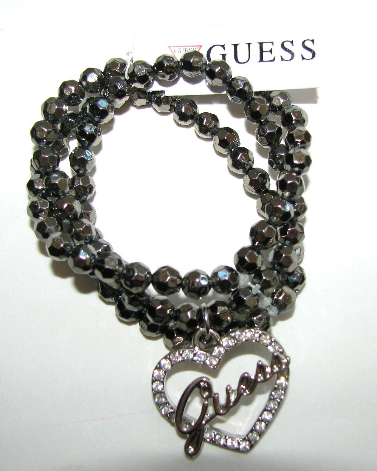 

NEW GUESS 3 STRAND GUNMETAL TONE FACETED BEADED BRACELET CRYSTAL LOGO HEART