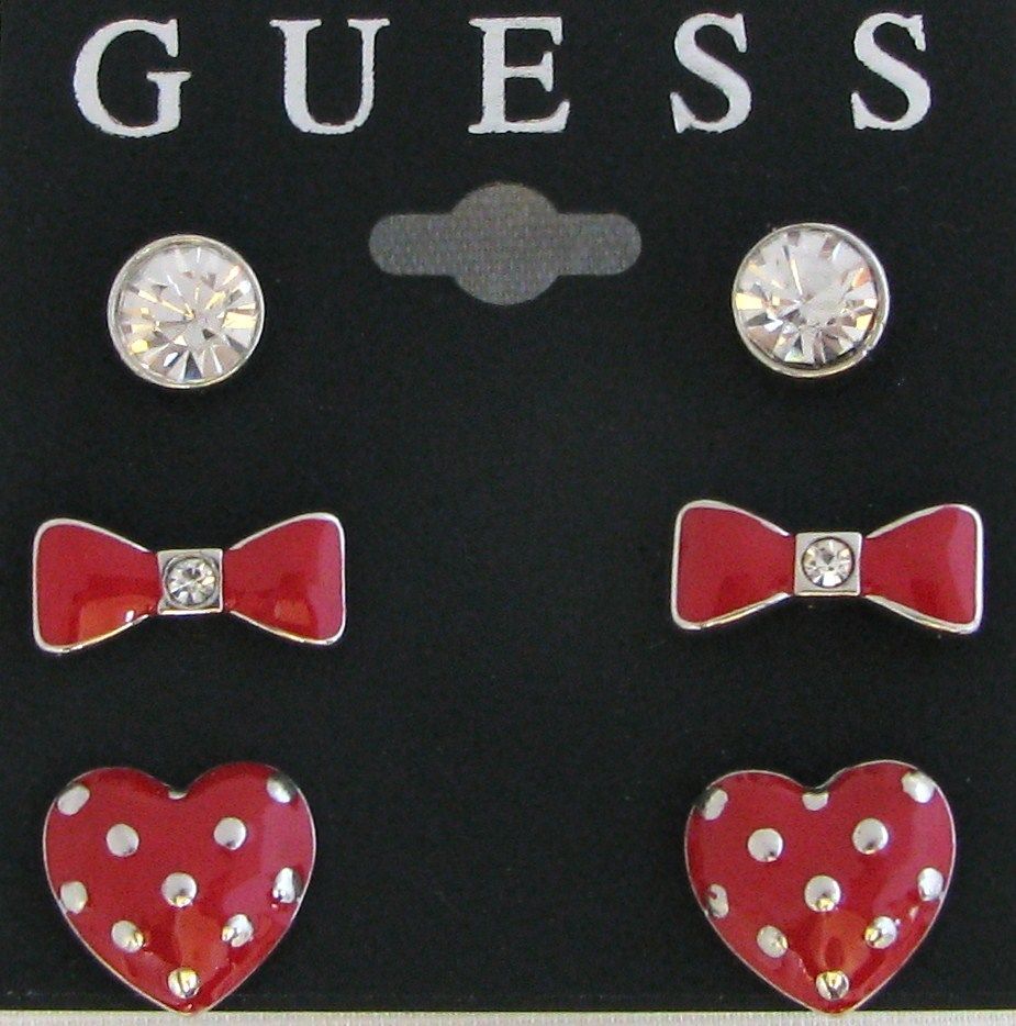 

NEW GUESS 3 PC SET RED SILVER ROUND CRYSTAL BOW POLKA DOT HEART STUD EARRINGS