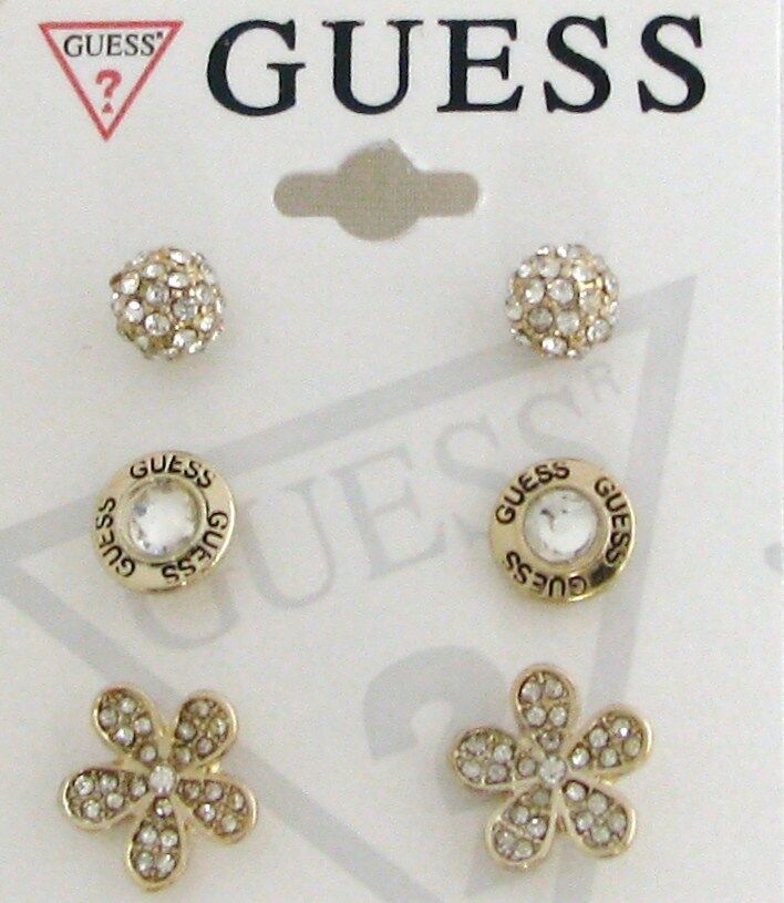 

NEW GUESS 3 PC SET GOLD TONE ROUND CIRCLE CRYSTAL FLOWER STUD EARRINGS