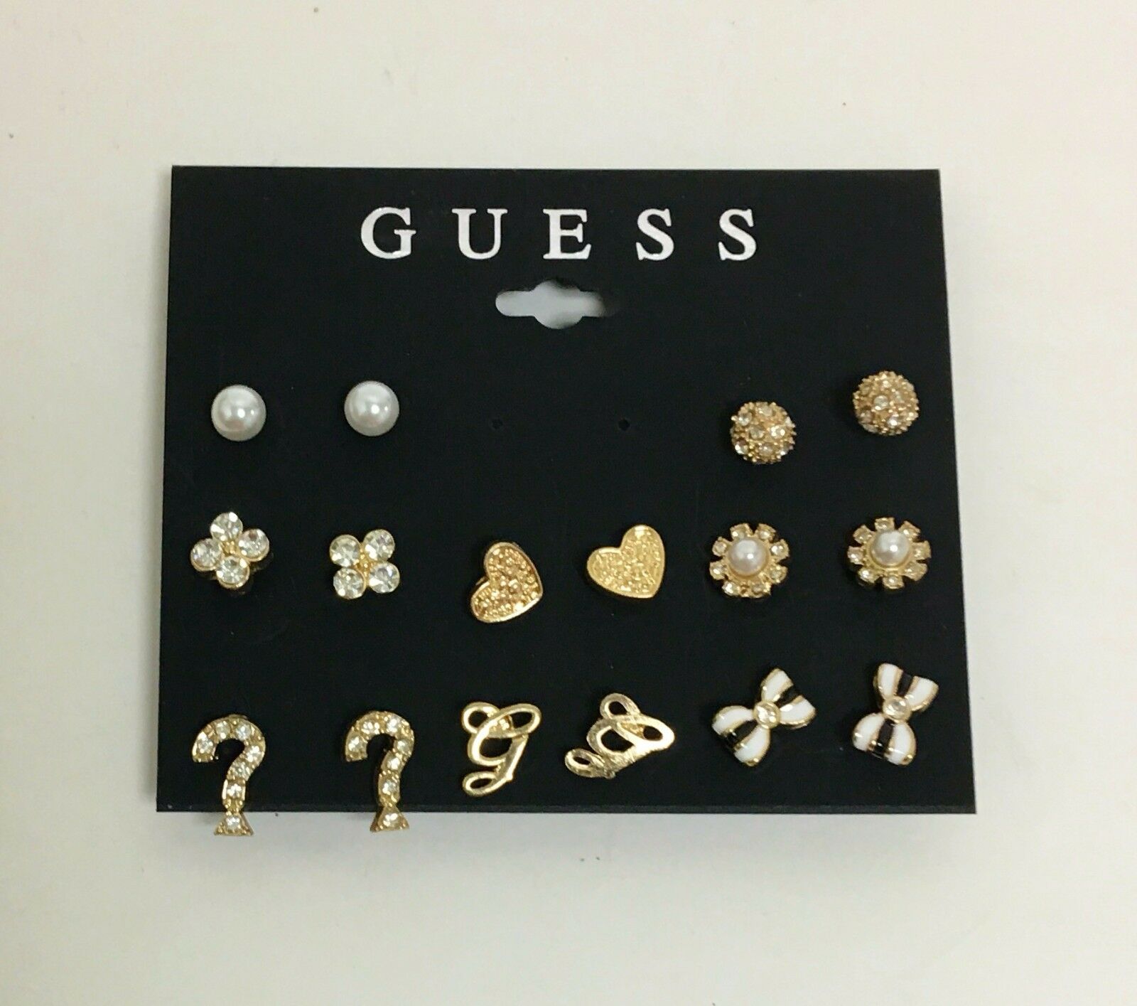 

NEW GUESS 8 PC SET GOLD TONE HEART PEARL BALL BOW STUD EARRINGS