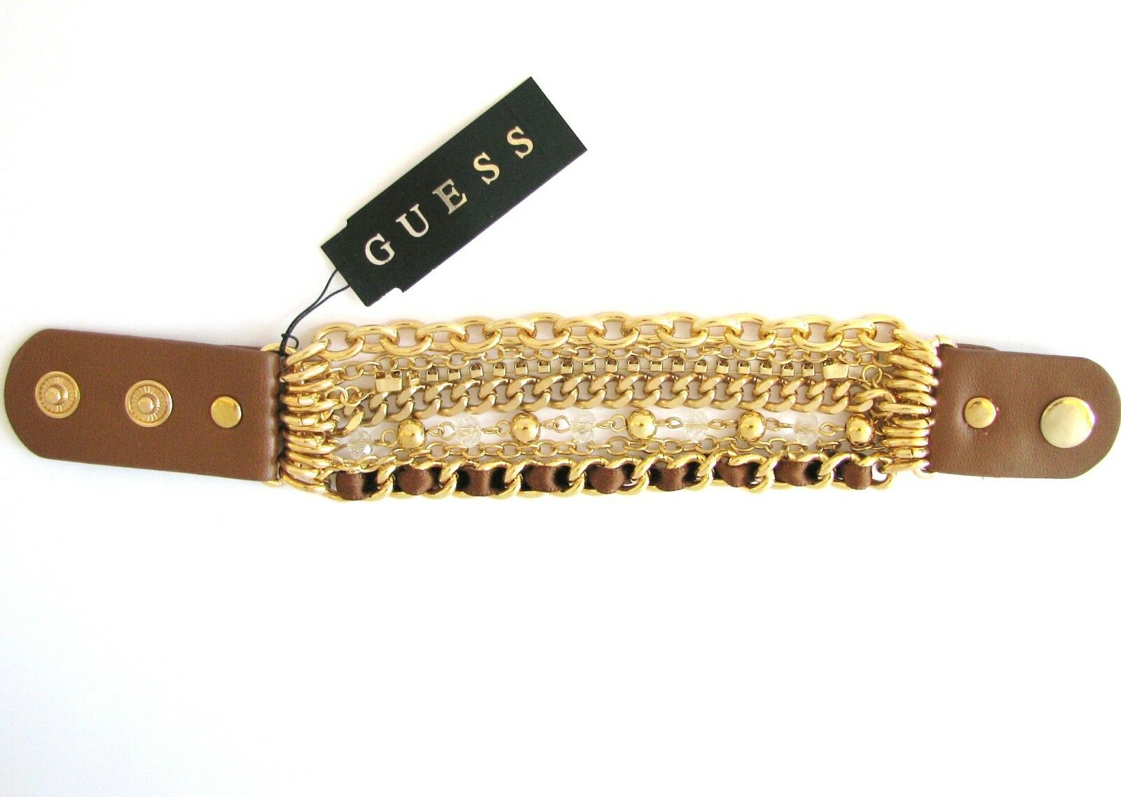 

NEW GUESS BROWN GOLD TONE MULTI-CHAIN CRYSTAL RIBBON ADJUSTABLE CUFF BRACELET