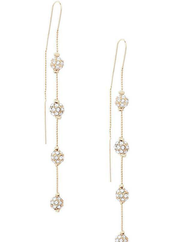 

NEW GUESS GOLD TONE 4 RHINESTONE CRYSTALS FIREBALL CHAIN THREADER EARRINGS