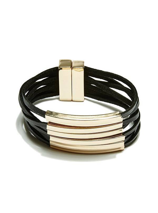 

NEW GUESS GOLD TONE BARS BLACK MULTI STRANDS FAUX LEATHER BRACELET