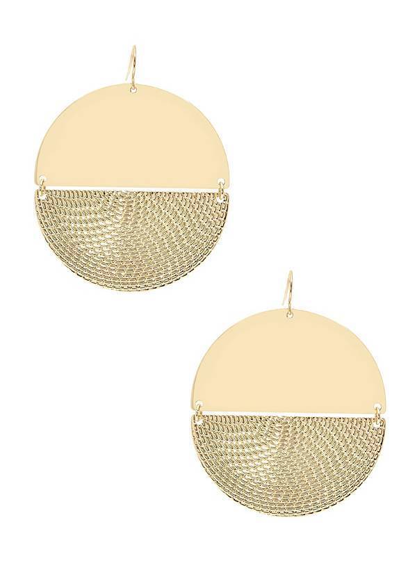 

NEW GUESS GOLD TONE DISK WITH WOVEN STRAW DETAIL CIRCULAR MOVING BOTTOM EARRINGS