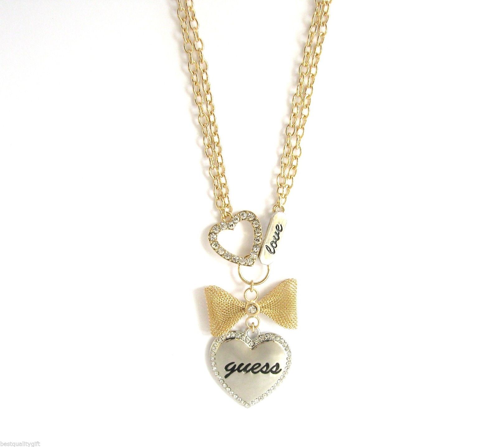 

NEW GUESS GOLD SILVER TONE CRYSTAL HEART MESH BOW LOVE 28 LONG 2-CHAIN NECKLACE