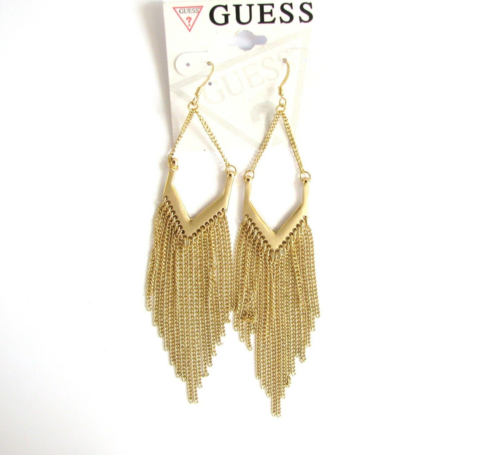 

NEW GUESS GOLD SILVER TONE TRIANGLE ARROW STRAND CHAIN HOOK CHANDELIER EARRINGS