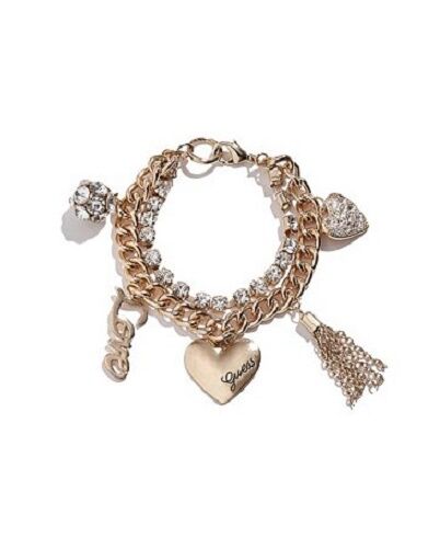 

NEW GUESS GOLD TONE HEART TASSEL CRYSTAL BALL LOVE CHARM PENDANT CHAIN BRACELET