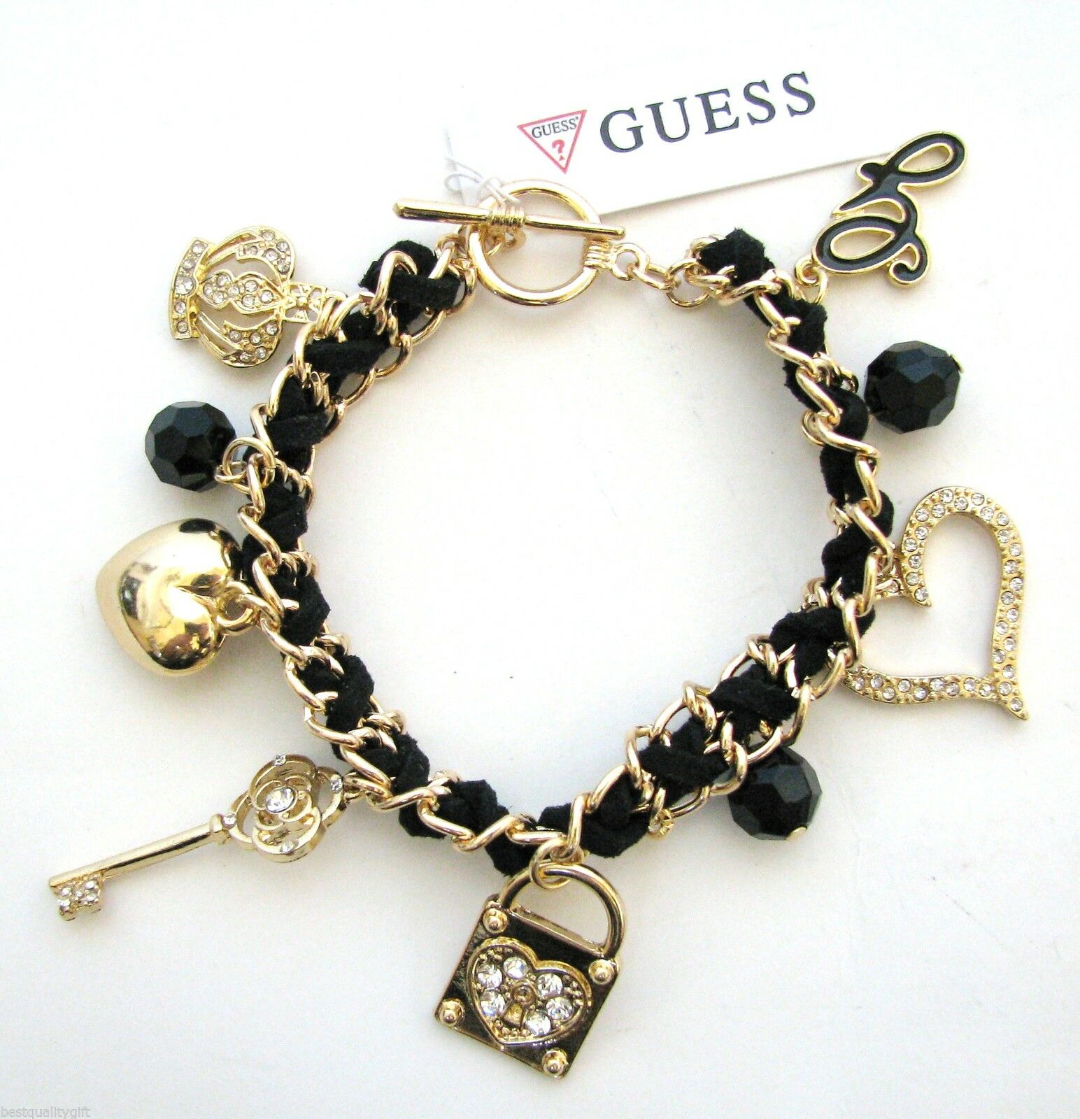 

NEW-GUESS GOLD TONE BLACK FAUX SUEDE CROWN HEART LOCK KEY CRYSTAL CHARM BRACELET