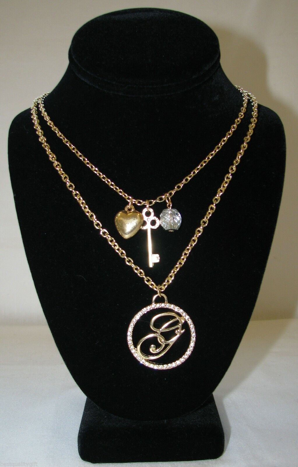 

NEW-GUESS GOLD TWO CHAIN G LOGO W CRYSTALS HEART KEY BEAD CHARM NECKLACE