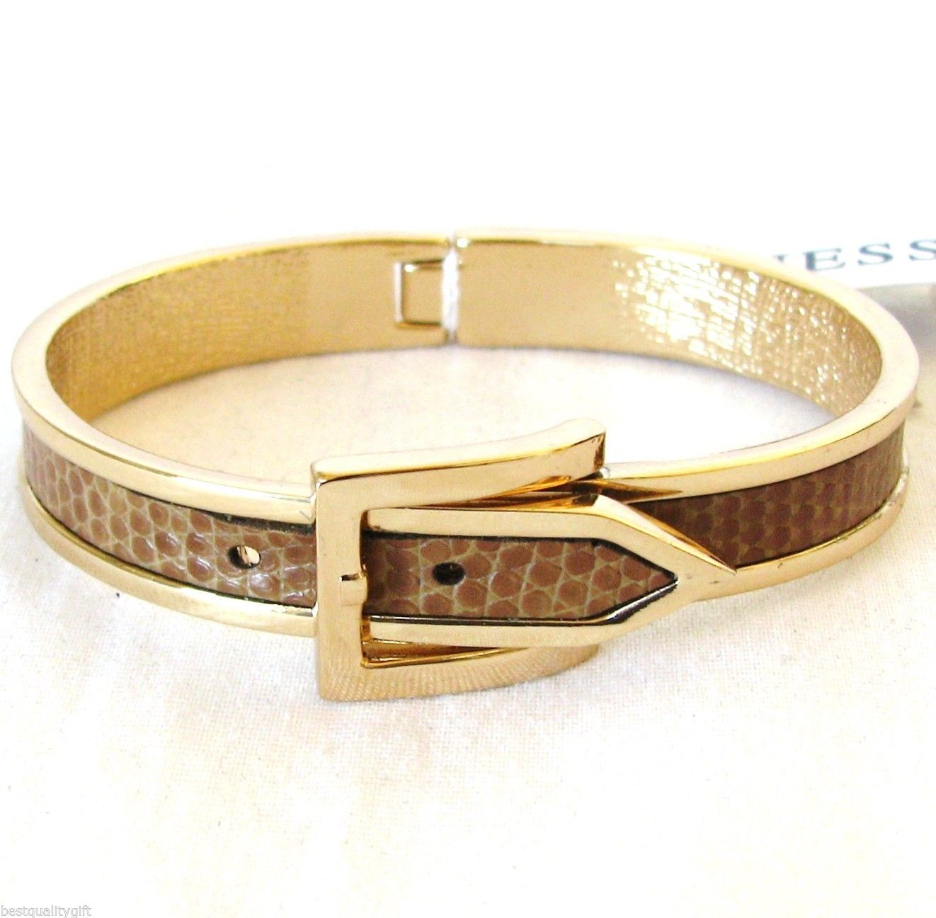 

NEW GUESS GOLD TONE BROWN PYTHON LEATHERETTE BELT-STYLE BANGLE CUFF BRACELET