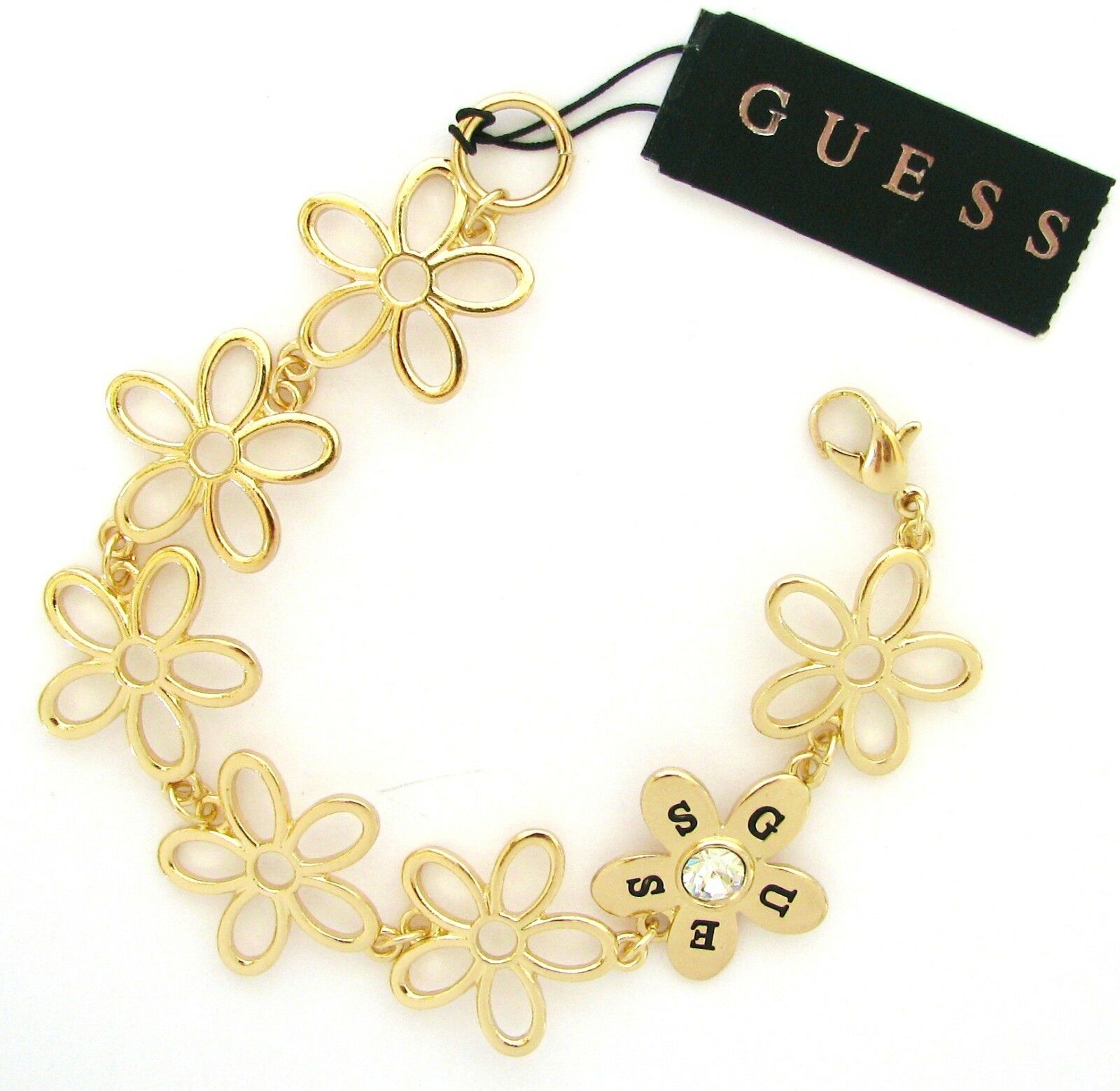 

NEW GUESS GOLD TONE FLOWER CRYSTAL GEM LOBSTER-STYLE CLASP WOMEN S BRACELET
