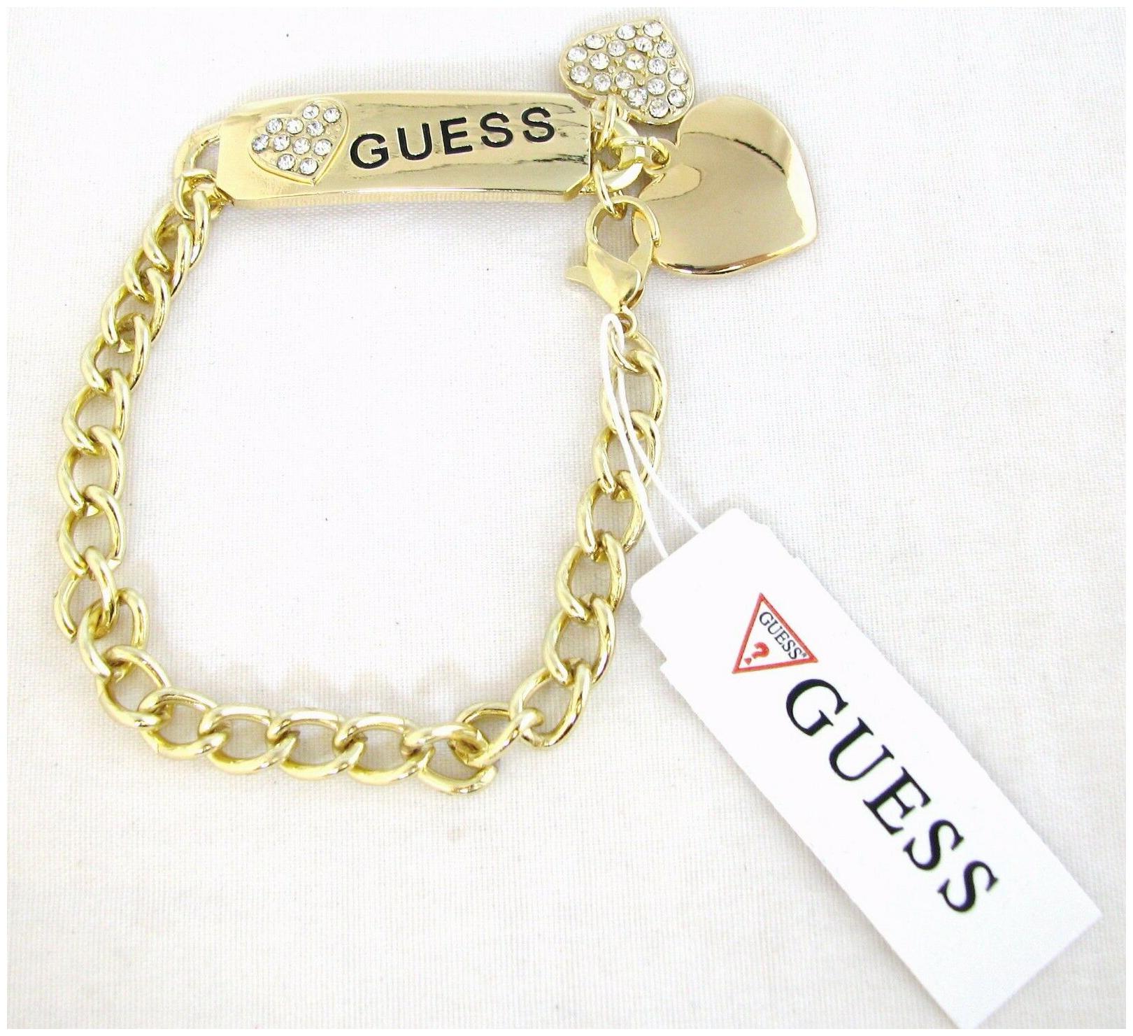 

NEW GUESS GOLD TONE CHAIN LINK WOMEN ID BRACELET CRYSTALS HEART CHARMS