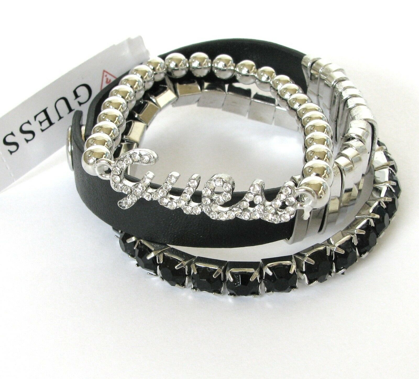 

NEW GUESS SET OF 3 SILVER TONE STRETCHY CRYSTAL BLACK GEMS CUFF BRACELET