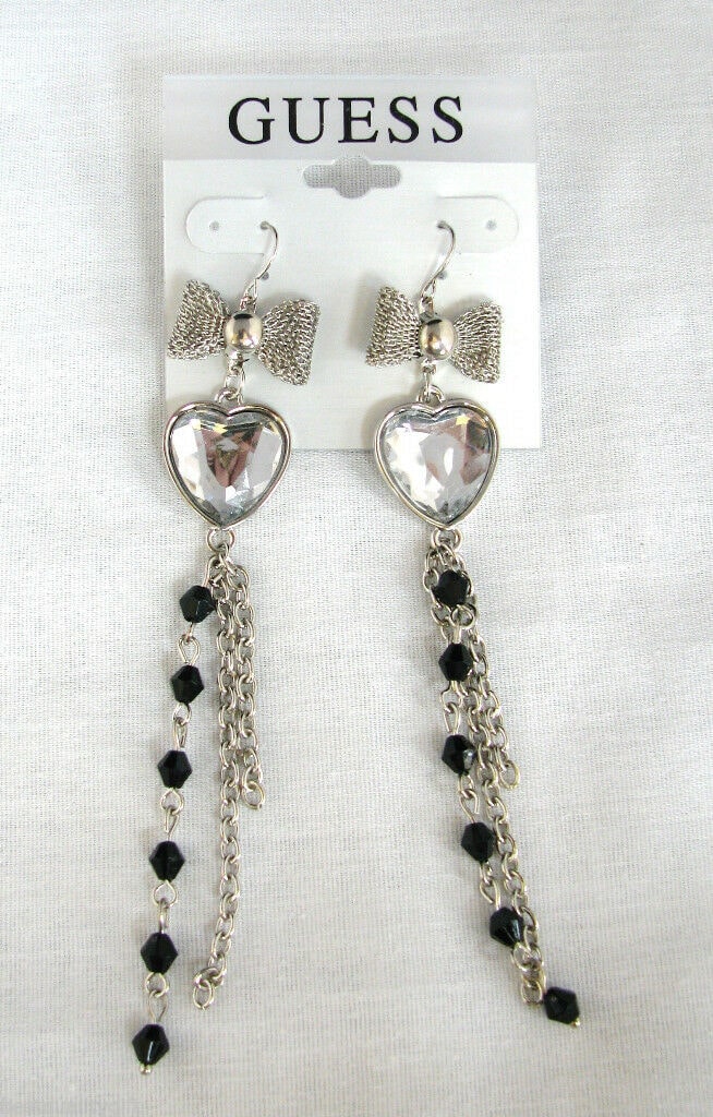 

NEW GUESS SILVER TONE BLACK BEAD MULTI STRAND HEART BOW EARRINGS FISH HOOK BACK