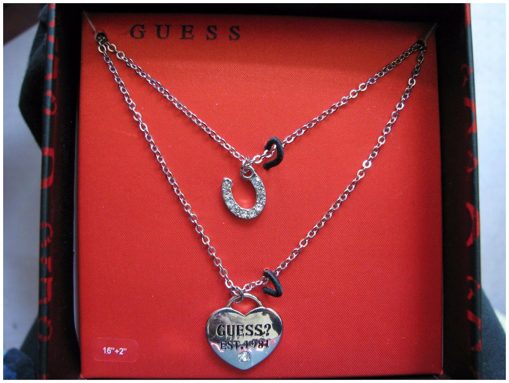 

NEW GUESS SILVER TONE HEART CRYSTAL HORSE SHOE 2 NECKLACE SET BOX