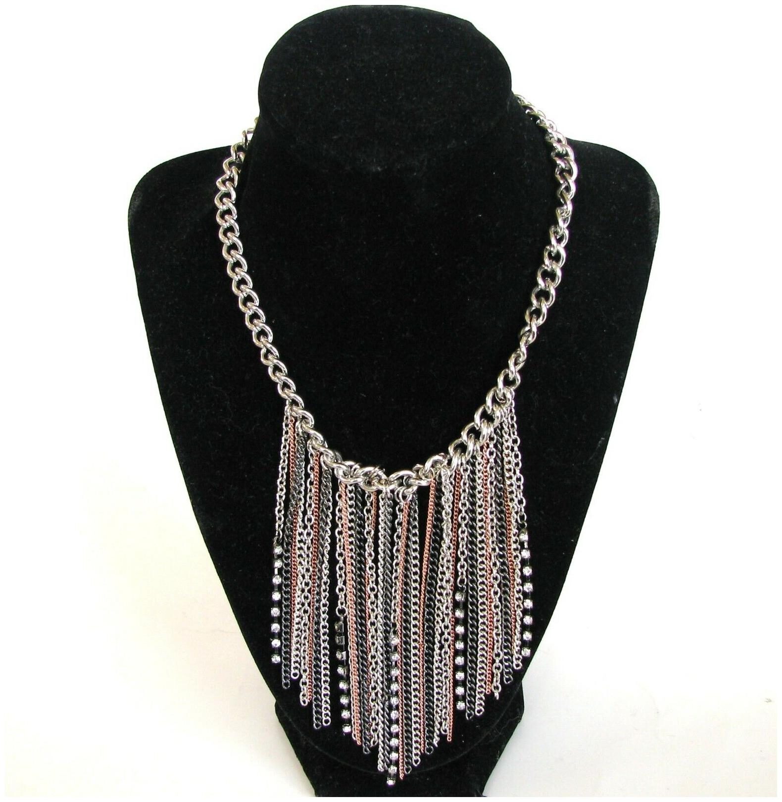 

NEW GUESS SILVER GUNMETAL ROSE GOLD TONE MULTI CHAIN CRYSTAL RHINESTONE NECKLACE