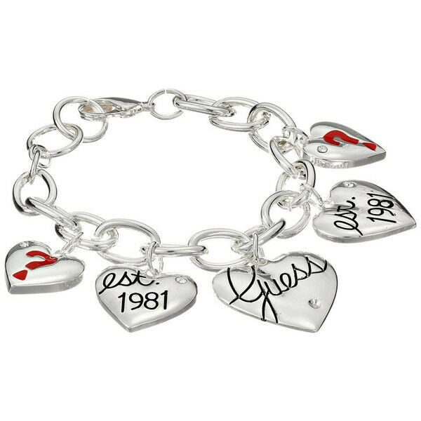 

NEW-GUESS SILVER TONE CRYSTAL HEART CHAIN LINK RED QUESTION MARK CHARM BRACELET