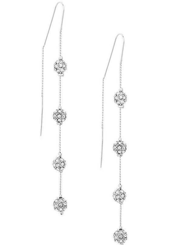 

NEW GUESS SILVER TONE 4 RHINESTONE CRYSTALS FIREBALL CHAIN THREADER EARRINGS