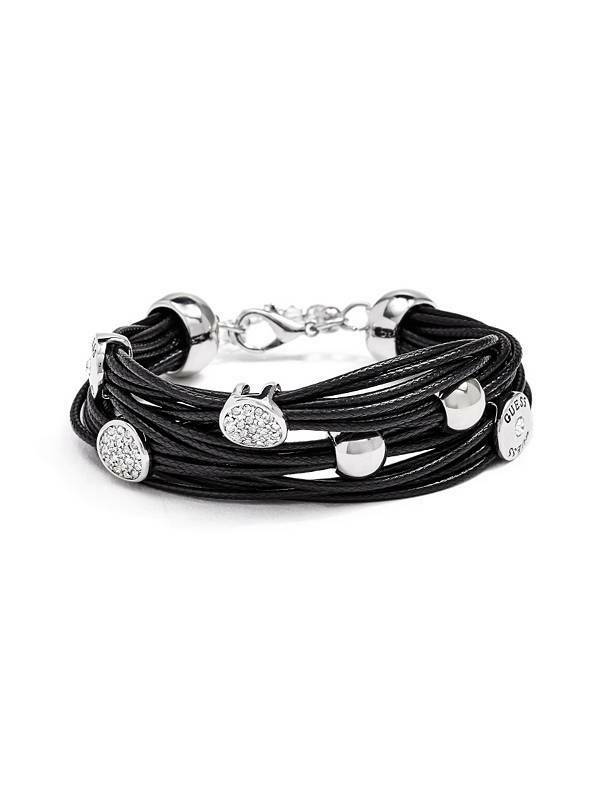 

NEW GUESS SILVER TONE MULTI STRAND BLACK WOVEN ENCRUSTED CRYSTALS CHARM BRACELET