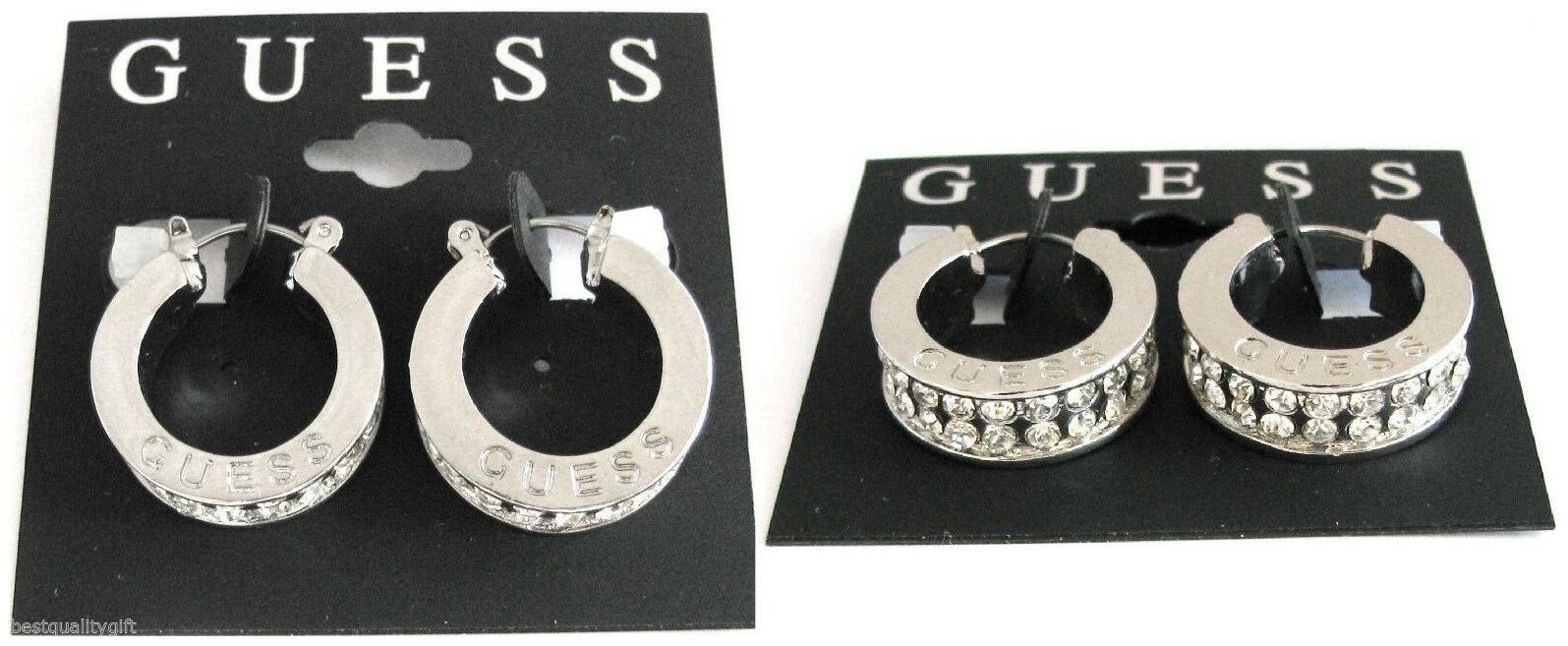 

NEW GUESS SILVER TONE CRYSTAL SMALL THICK HOOP WOMEN S SNAP FASTENER EARRINGS