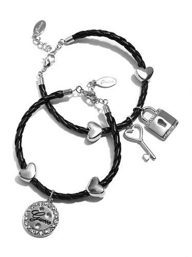 

NEW-GUESS SILVER TONE CHARM LOCK KEY DOUBLE FAUX BLACK LEATHER WOVEN BRACELET