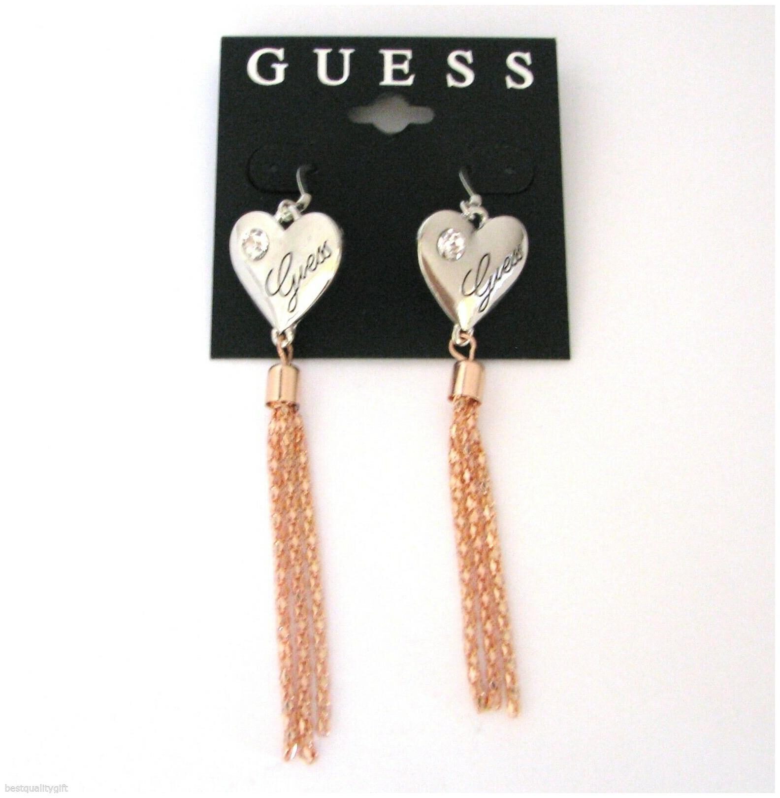 

NEW GUESS SILVER TONE HEART CRYSTAL ROSE GOLD CHAIN TASSEL DANGLE HOOK EARRINGS