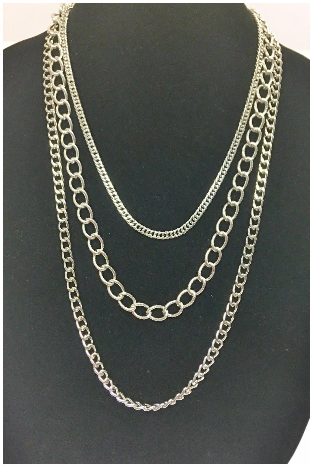

NEW-GUESS SILVER TONE CHUNKY LAYERED MULTI TRIPLE STRAND CHAIN NECKLACE