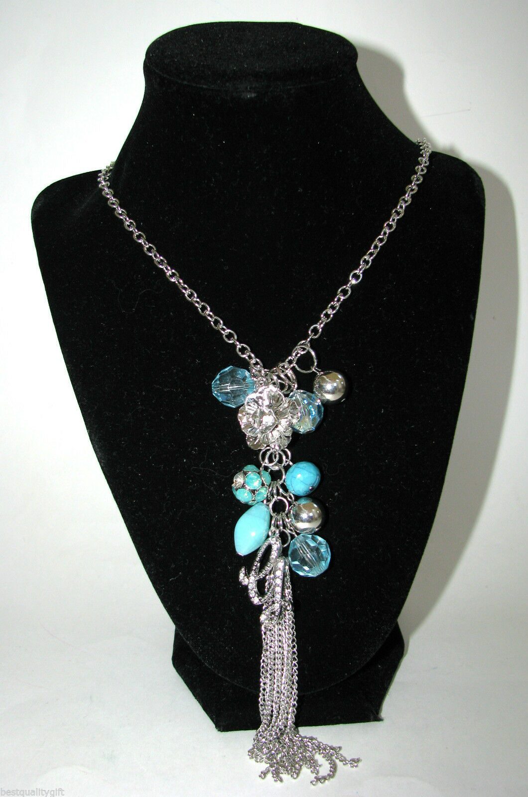 

NEW-GUESS SILVER TONE LONG NECKLACE FAUX TURQUOISE BEADS TASSEL G LOGO PENDANT