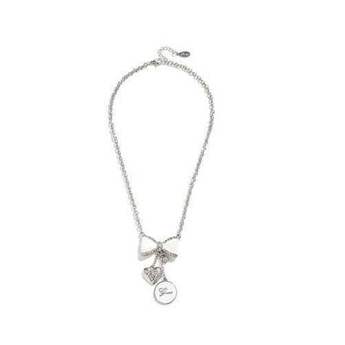 

NEW GUESS SILVER TONE CRYSTAL HEART WHITE ENAMEL BOW DISC CHAIN NECKLACE