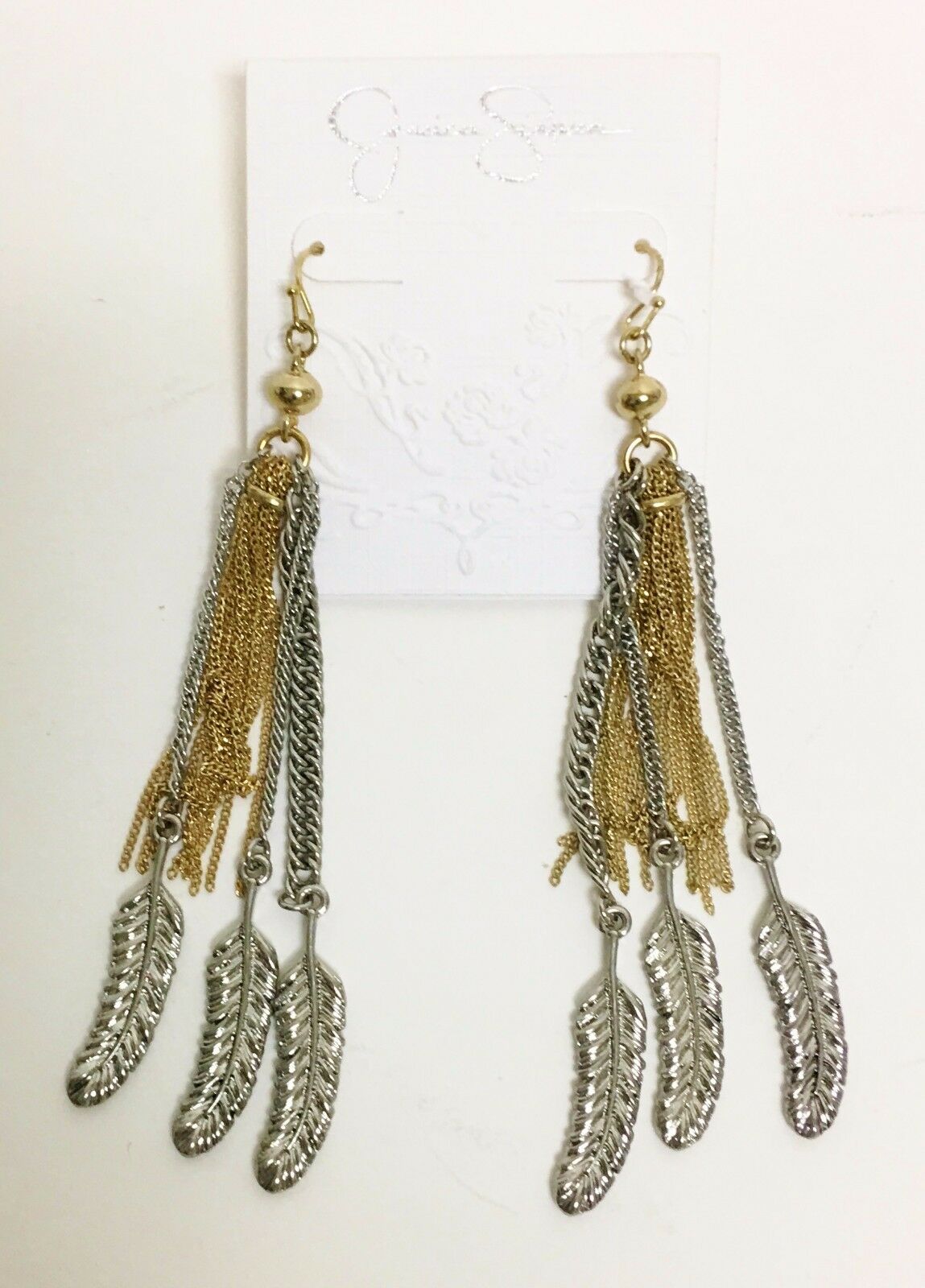 

NEW JESSICA SIMPSON 2 TONE GOLD SILVER CHAIN FRINGE FEATHER DANGLE EARRINGS