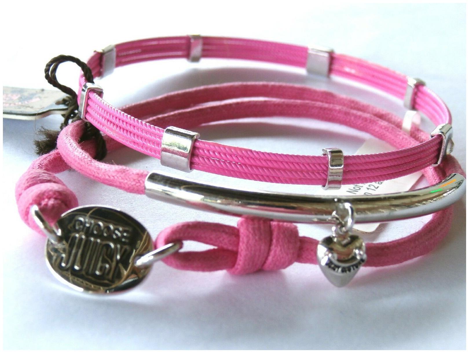

NEW JUICY COUTURE THREE PINK AND SILVER BANGLES SET HEART BRACELETS RETIRED