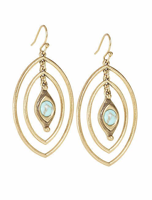 

NEW LUCKY BRAND ANTIQUE GOLD TURQUOISE ACCENT DOUBLE OVAL HOOP EARRING JLRY5518