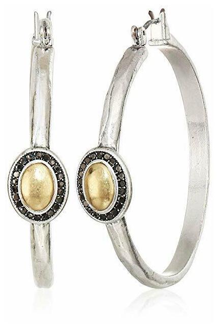 

NEW LUCKY BRAND SILVER BRASS 2 TONE BLACK CRYSTALS HOOP EARRING JWEL0988