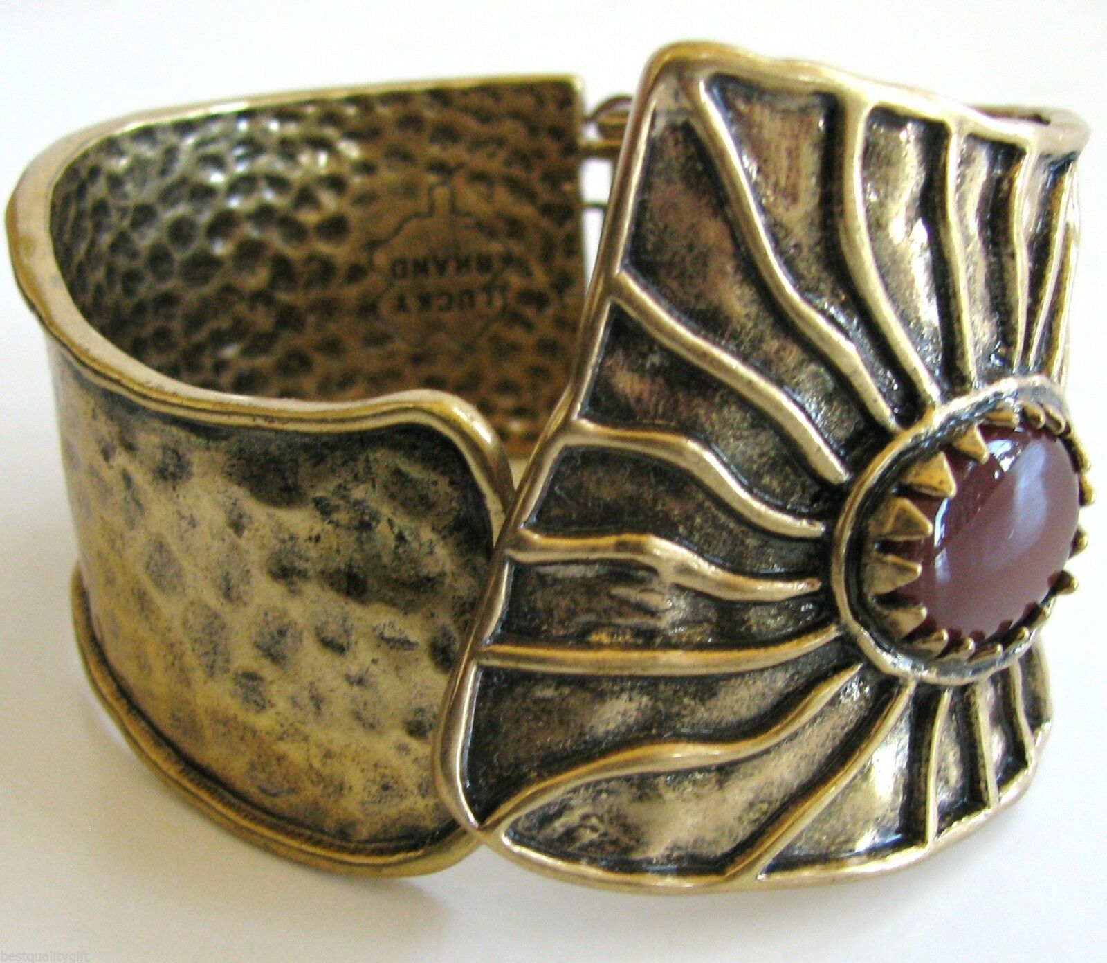 

NEW LUCKY BRAND GOLD BRASS TONE BROWN STONE SUN CUFF BRACELET BANGLE