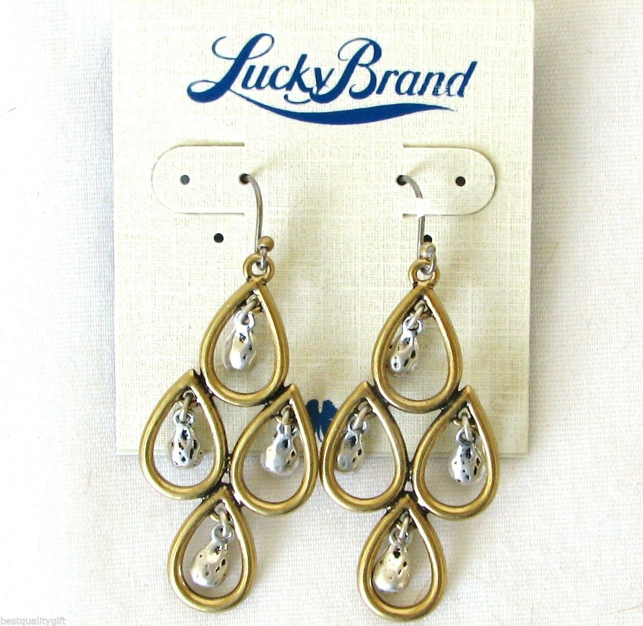 

NEW LUCKY BRAND GOLD TONE TEARDROPS SILVER HANGING CHARMS HOOK EARRINGS