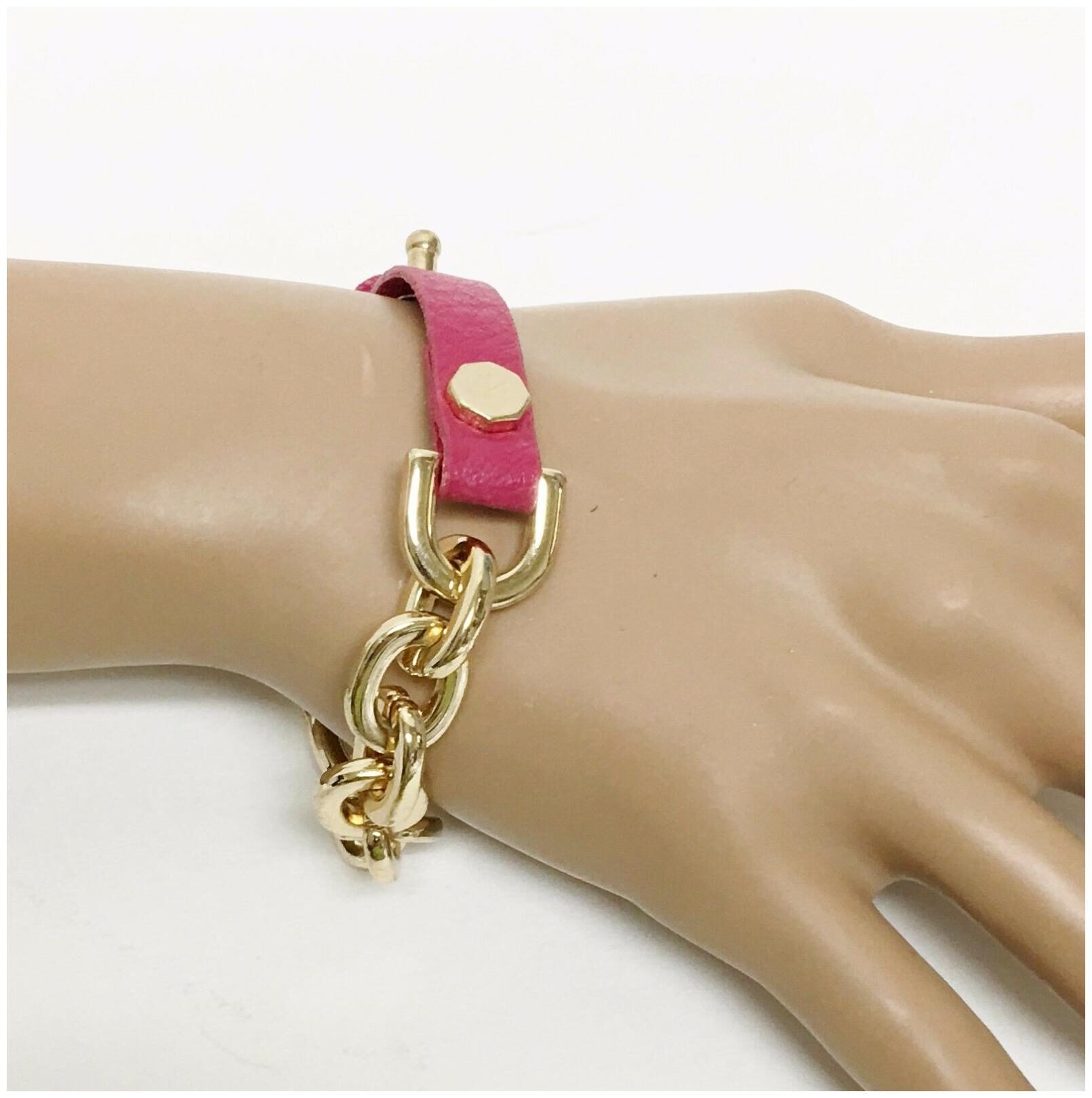

NEW NATASHA GOLD TONE CHAIN LINK PINK FUCHSIA LEATHERETTE LEAD FREE BRACELET