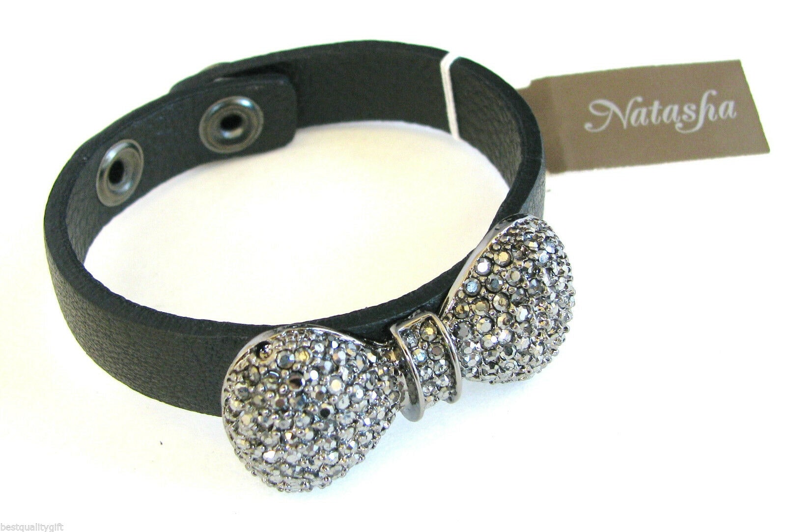 

NEW-NATASHA MARCASITE BOW BLACK GENUINE LEATHER ADJUSTABLE BRACELET