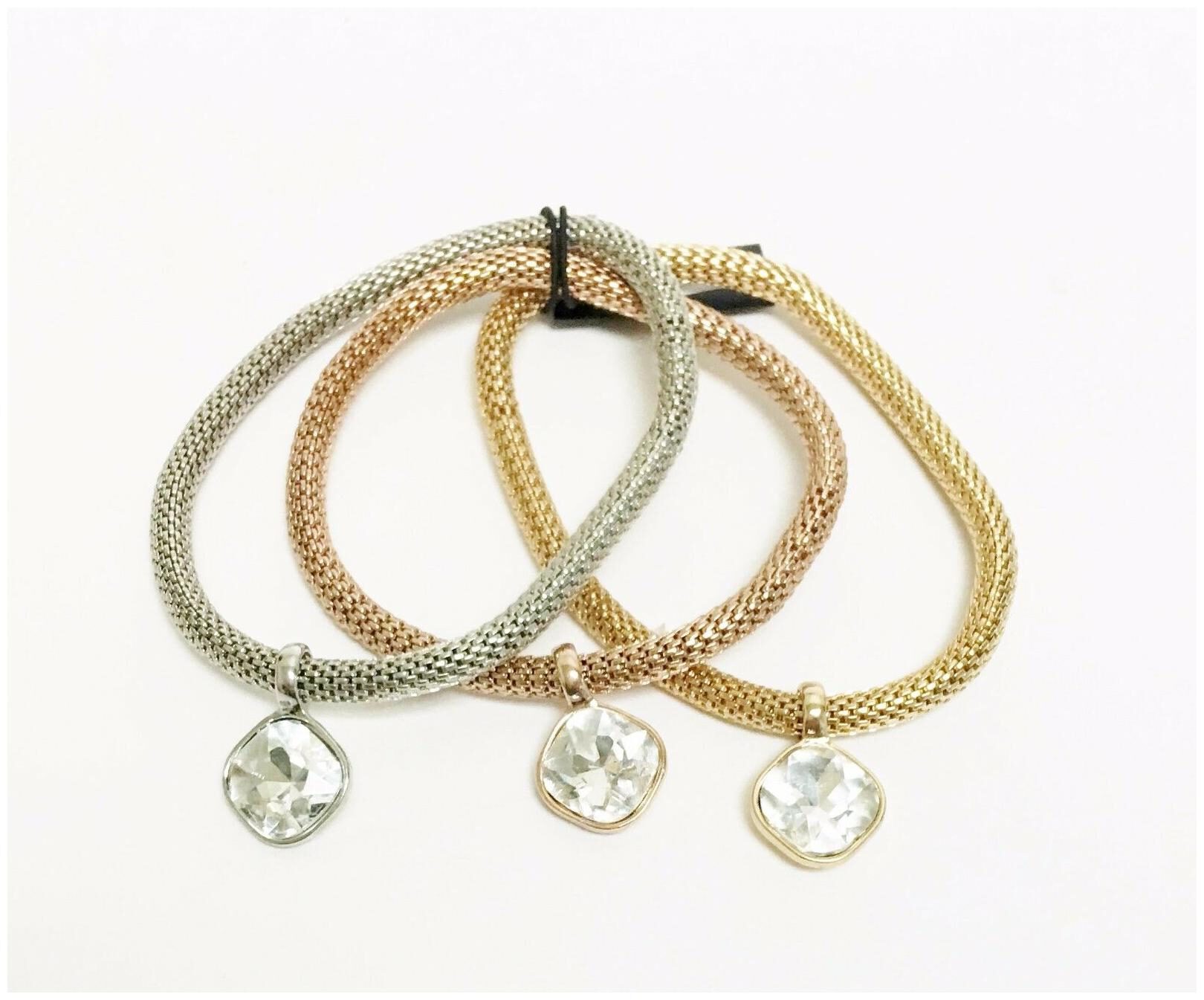 

NEW NOIR 3 TONE SILVER GOLD ROSE GOLD ELASTIC MESH CRYSTAL CHARM BRACELET
