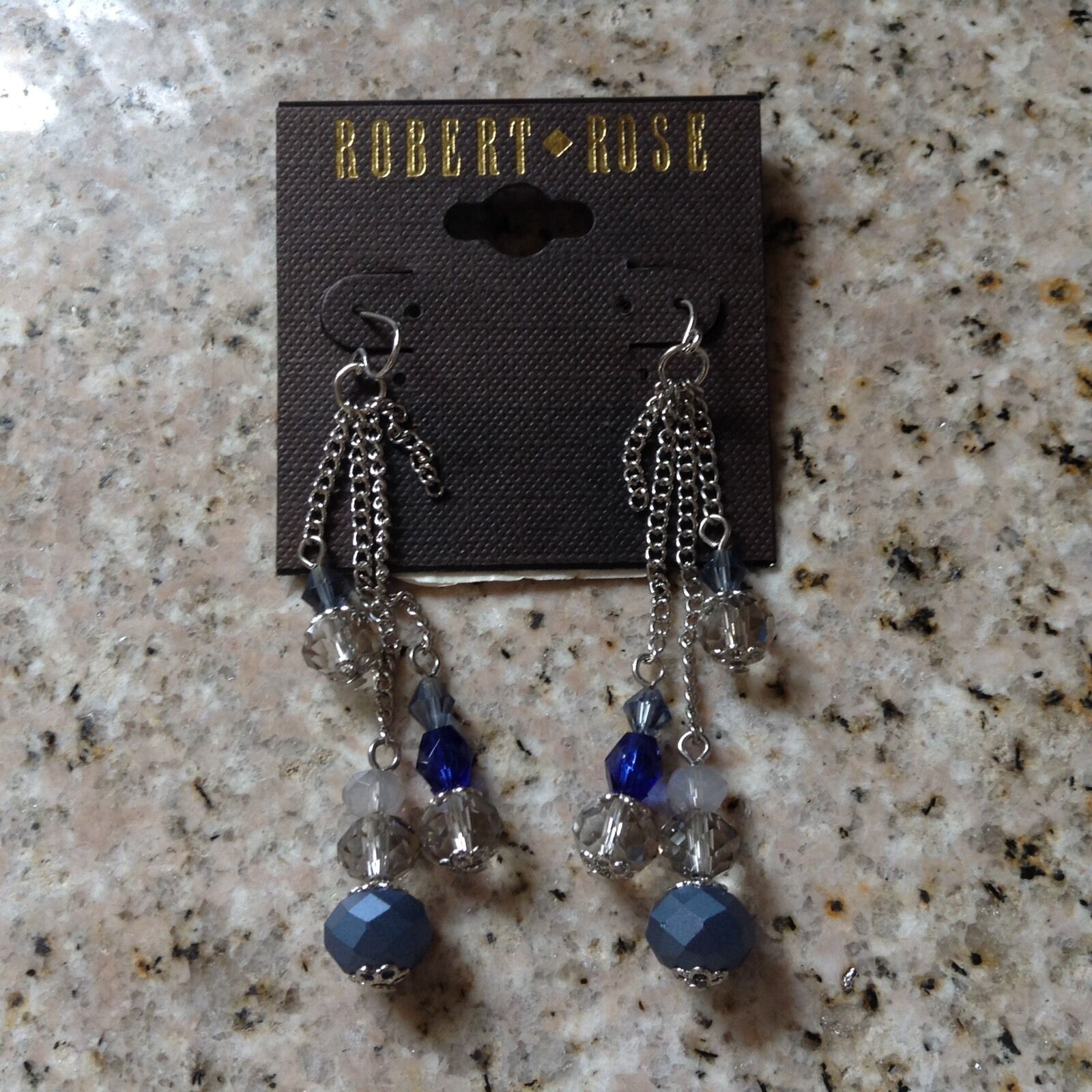 

NEW ON CARD ROBERT ROSE BLUE CLEAR FACETED BEADED SILVER TONE DANGLE EARRINGS