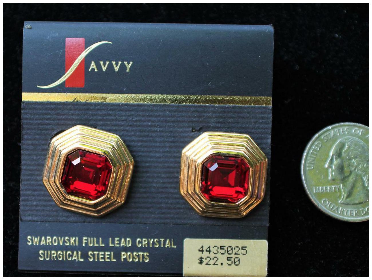 

New Original Card Signed SAVVY Goldtone SWAROVSKI Red Crystal Pierced Earrings 2