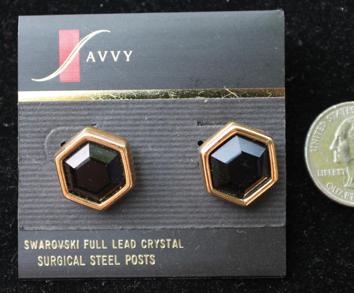 

New Original Card Signed SAVVY Goldtone SWAROVSKI Black Crystal Pierced Earrings