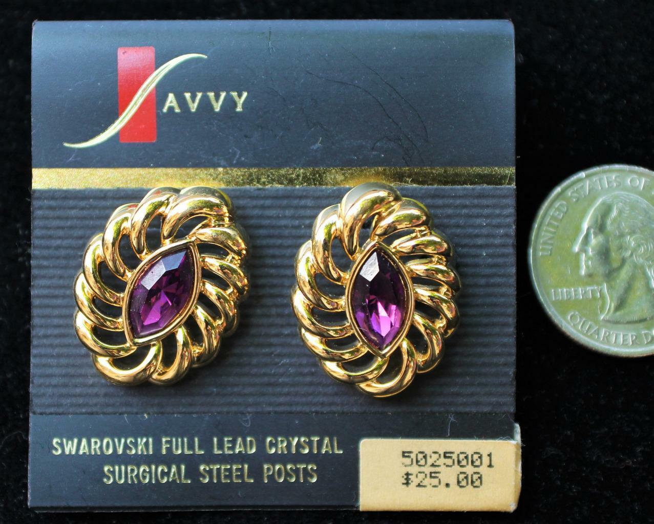

New Original Card Signed SAVVY Goldtone SWAROVSKI Lilac Crystal Pierced Earrings