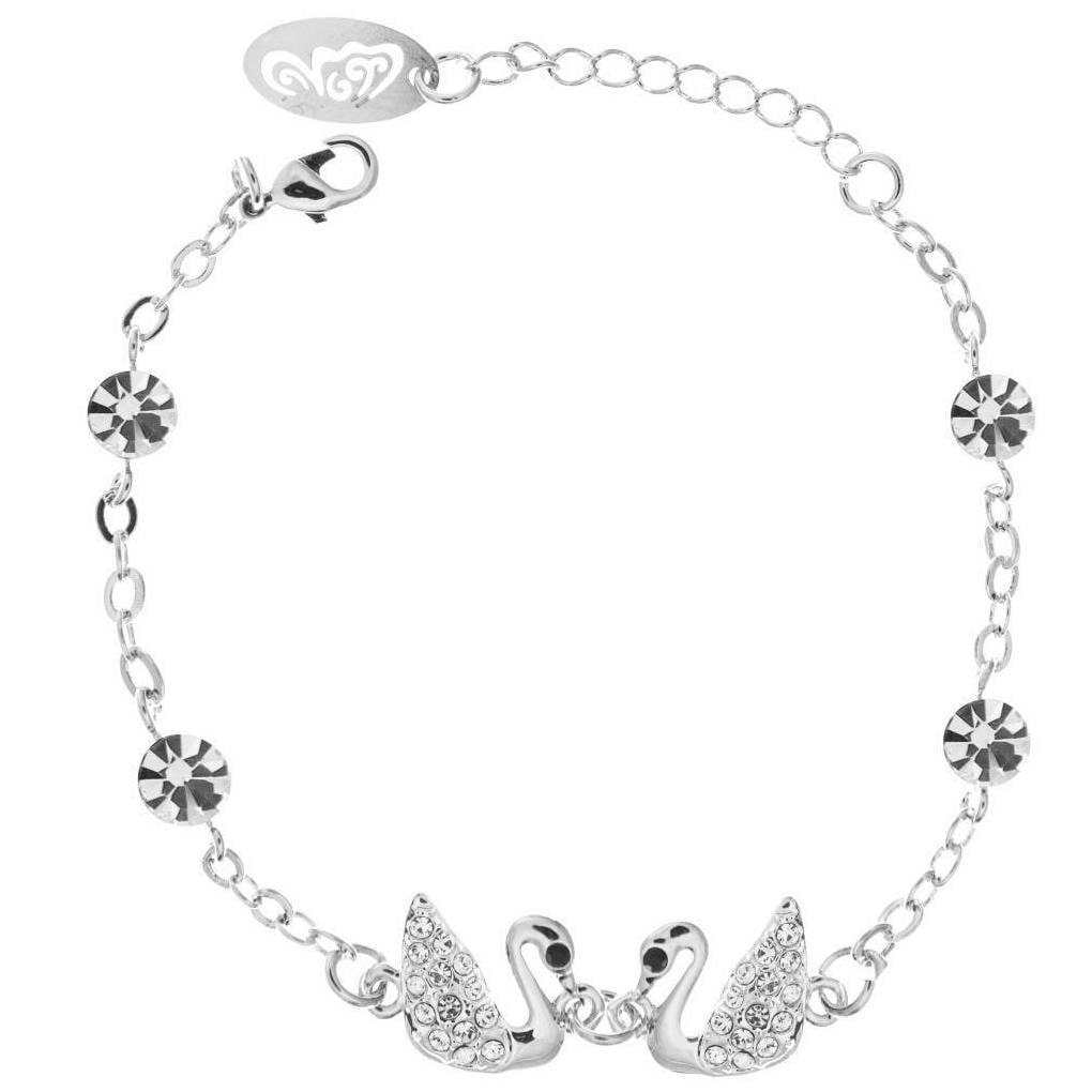 

New Rhodium Plated Bracelet w Loving Swans Design Clear Crystals by Matashi